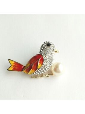NEW Genuine Freshwater Pearl Crystal and Enamel Bird Brooch